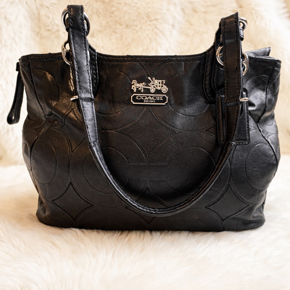 👜 Coach Black Embossed Signature Tote • Silver Hardware • Vibrant Lining
